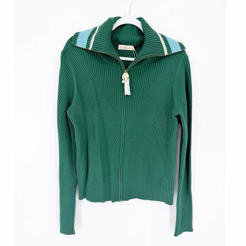 NWT Tory Burch Noland Zip Cardigan Sweater in Norwood Green Size XL